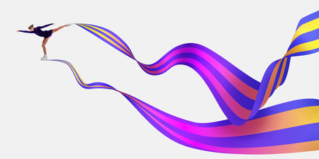 Abstract art collage. Figure skater in purple costume extends into balanced glide with curved violet and yellow ribbons, showing motion and flexibilityの写真素材