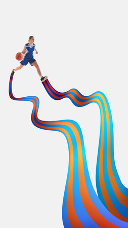 Surreal art design. Female basketball player jumps between colorful streams of ribbon, her posture frozen in high-energy moment filled with speedの写真素材
