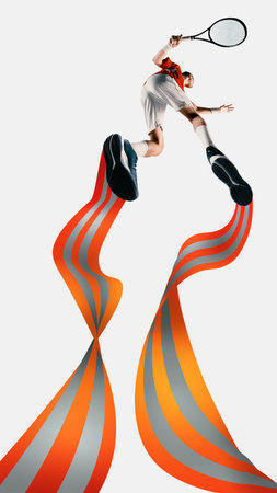 Conceptual art collage. Tennis player leaps toward invisible shot as layered orange and grey ribbons curl below, emphasizing tension, motionの写真素材