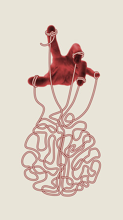 Puppet Mind. Red hand moves tangled brain by threads tied to fingers, symbolizing control, dependence and emotional manipulation. Conceptual art collage.の写真素材