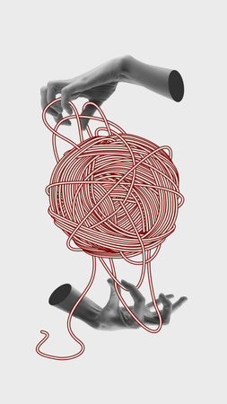 Tangled Core. Hands hold massive yarn ball made of tangled red lines, symbolizing inner mess,...
