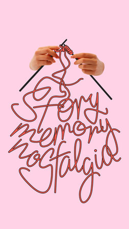 Memory Fabric. Hands knit flowing red yarn into soft calligraphy with words story, memory and...