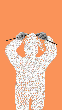Knit Your Own Reality. Hands knit full human figure from loops of white thread, showing how identity built slowly through effort. Conceptual art collageの写真素材