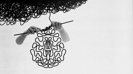 Unraveling Doubt. Brain almost complete but dark yarn trails off, symbolizing self-doubt, hesitation and fragile thoughts. Conceptual art collageの写真素材