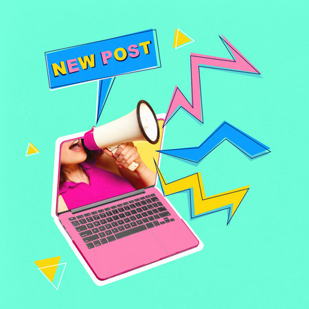 Digital shout. Woman in pink top yells new post through megaphone bursting from laptop with bright shapes and zigzag lines. Voice of Feedの写真素材
