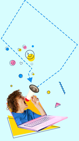 Shouting into Void. Boy with curly hair screams into megaphone from screen, while only emojis float back through empty space. Contemporary art collageの写真素材