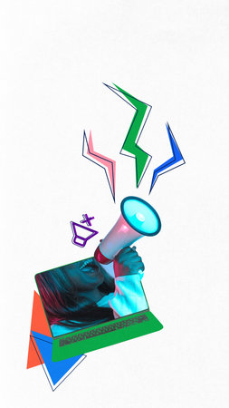 Muted voice. Woman yells into glowing megaphone, but symbols show blocked or silent sound in bright glitchy style. Abstract art collage.の写真素材