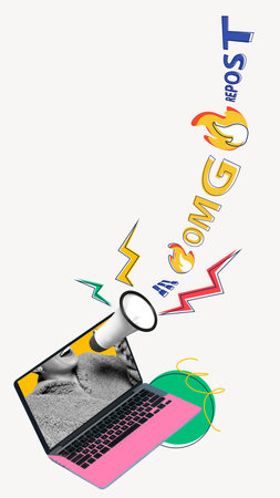 Going viral. Loud megaphone shoots out OMG and REPOST while emojis bounce around in vibrant rhythm. Playful art collage.の写真素材