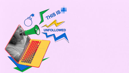 Online rage. Angry person screams UNFOLLOWED with explosion signs flying out of megaphone....
