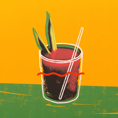 Modern artwork. Cocktail with green celery sticks and white straw in textured glass against yellow-green background. Folk art styleの写真素材