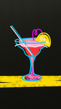 Contemporary art collage. Pink margarita cocktail with yellow lemon slice and curly straw in glass on black background. Doodle elementsの写真素材