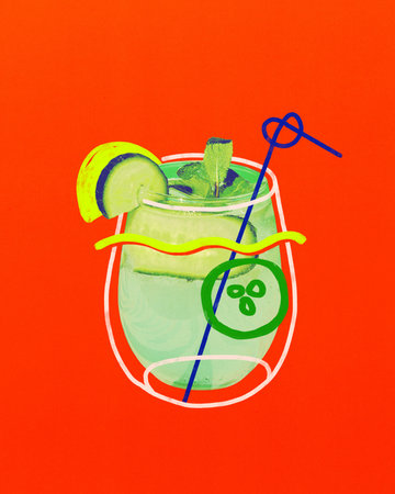 Abstract art work. Green-refreshing mojito. Green cocktail with cucumber, lemon and mint garnish in round glass on orange backgroundの写真素材
