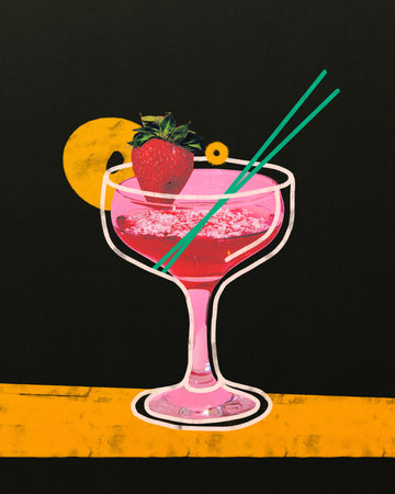 Surreal graphic collage. Pink strawberry cocktail with green straws in coupe glass against black background with orange base.の写真素材