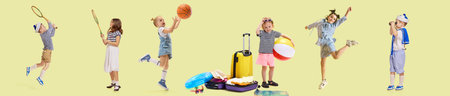 Active children jumping, playing sports and preparing for summer travel against pastel backdrop. Collage. Playbill.の写真素材