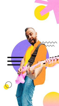 Man playing pink electric guitar with energetic pose and vibrant abstract background. Bold composite...