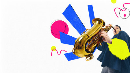 Artistic woman jazz player playing large saxophone with wide-eyed expression and colorful geometric background. Playful conceptual artworkの写真素材