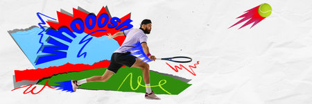 Male tennis player lunges forward with racket as tennis ball speeds away against textured tennis court. Contemporary art collage. Paper cut styleの写真素材