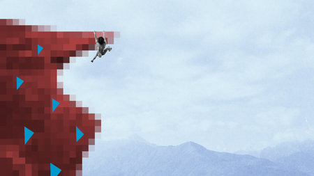 Man climbs red pixelated cliff wall with blue triangle holds above mountains, symbolizing personal growth. Abstract graphic designの写真素材