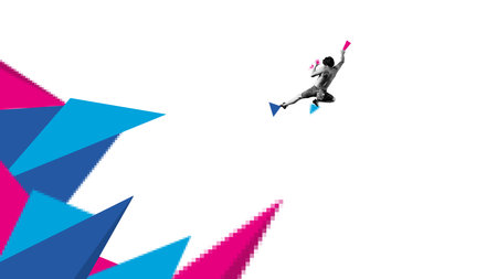 Climber flies between vibrant holds over white backdrop, suspended in leap between efforts. Abstract modern artworkの写真素材