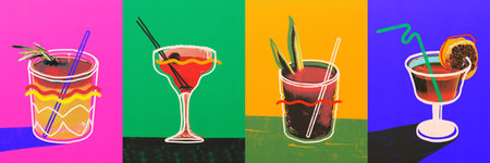 Surreal graphic collage. Collage. Four artistic cocktails in glasses with straws and herbs on colorful backgrounds in row layout.の写真素材