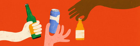 Cartoon-style ands holding bottles and can of drink on red background. Abstract art design. Banner. Flat folk design.の写真素材