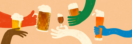 Colorful drawn hands holding different beer glasses on peach background. Abstract art design. Banner. Flat folk designの写真素材