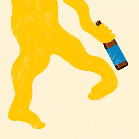 Yellow cartoon-style person holding brown beer bottle with blue label on light background. Conceptual art collage. Flat folk design.の写真素材