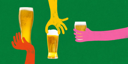 Three colorful hands holding beer glasses with foam on green background. Conceptual art collage. Flat folk design.の写真素材