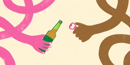 Pink and brown drawn hands opening green beer bottle with opener. Conceptual art collage. Flat folk design.の写真素材