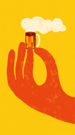 Large red cartoon hand holding tiny beer mug with foam on bright yellow background. Funny drawing artwork. Flat folk design.の写真素材