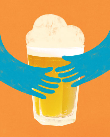 Blue cartoon hands gently hugging beer glass with foam on bright orange background. Modern art design. Flat folk design.の写真素材