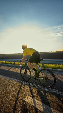 Focused man, sportsman cycling at high speed under evening sky in motion. Concept of speed, sport goalの写真素材