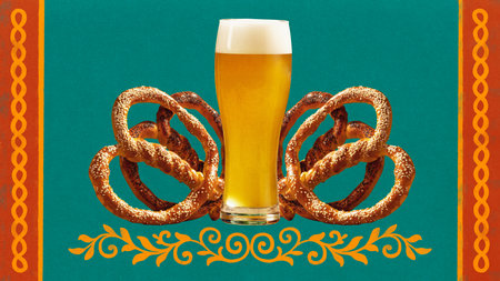 Goblet-style glass of amber beer placed centrally on warm orange oval with oak leaf folk pattern....