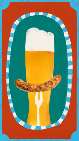 Grilled sausage rests on white fork in front of stylized beer glass with teal and red patterned frame. Concept collage. Flat folk. Posterの写真素材