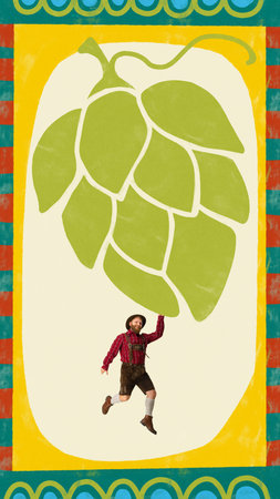 Man in traditional clothes leaps with joy under large green hop cone on decorative background. Playful art collage. Flat folk. Poster.の写真素材