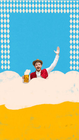Man with beer mug waves joyfully while sitting in oversized frothy beer foam under blue patterned sky. Contemporary folk collage. Flat folk. Poster.の写真素材