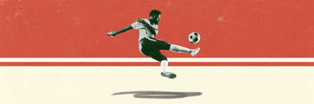 Footballer executes sharp mid-air strike with intent on red-cream backdrop show strength and energy....