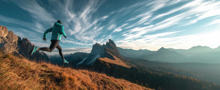 Man runs along mountain ridge under dynamic sky with layered clouds and sharp peaks in distance. Concept of trail running,の素材