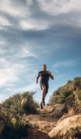 African-American athlete in black sportswear runs downhill through dry terrain with clear sky and bushes.の素材