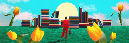 Man walks through tulip field toward city made of books, with sun behind stacks, show how literature...