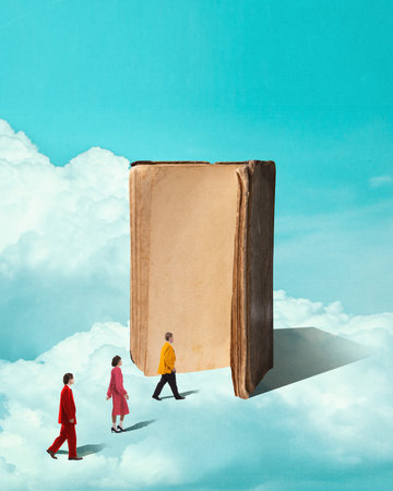 People walk along clouds toward huge standing book, floating in sky, representing collective rise through knowledge and reading.の写真素材