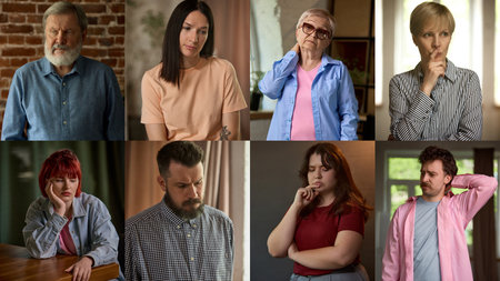 Silent thought. Compilation of various people reflecting doubt, sadness, worry, and confusionの写真素材