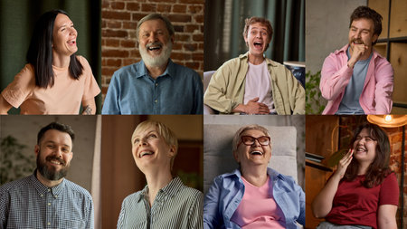 Spark of joy. Collage of people laughing and expressing positive emotions. Personality in branding