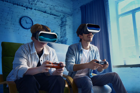 Father and son enjoying immersive virtual reality gaming experience indoors