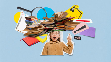 Playful modern handcut collage with girl points upward under a pile of open books and school...