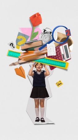 Girl balancing school supplies over her head. Creative learning posters, flyersの写真素材