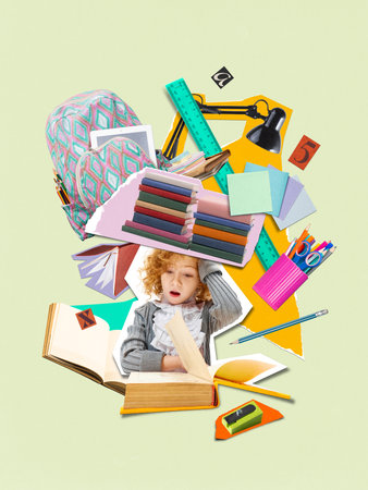 Dynamic visual collage. Tired girl in homework mess. back to school postersの写真素材