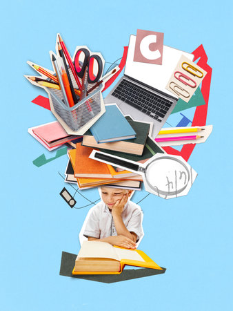 Colorful visual back to school poster. Focused reading with digital and analog learning toolsの写真素材