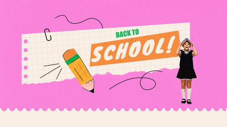 Excited girl holding book over her head on pink back to school themed backdrop. Bold poster, bannerの写真素材