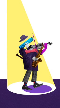 Surreal collage. Multi-Instrumentalist in spotlight playing saxophone, violin, and melodicaの写真素材